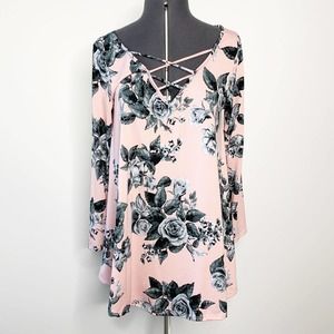 Evelie Pink Floral Print Long Sleeve Mini Dress L